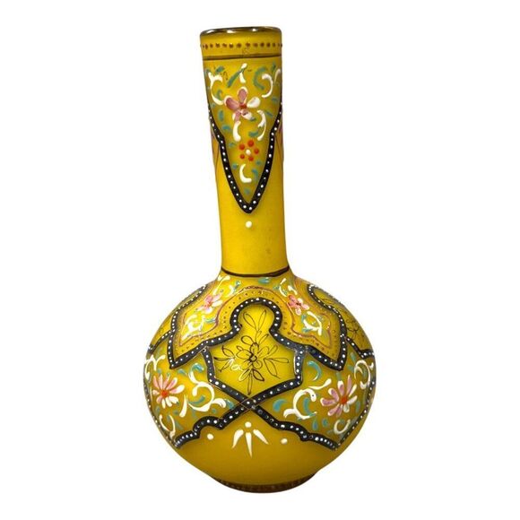 Antique Webb Moroccan Yellow Glass Vase Set Hand-Painted Floral Glows Orange - Picture 9 of 13